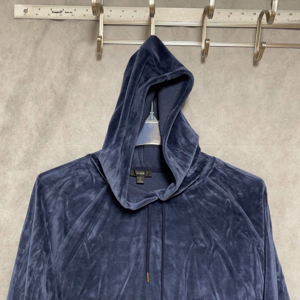 J Crew Hoodie Women L Blue Velour Pullover Velvet Pockets Sweatshirt Relaxed Fit
